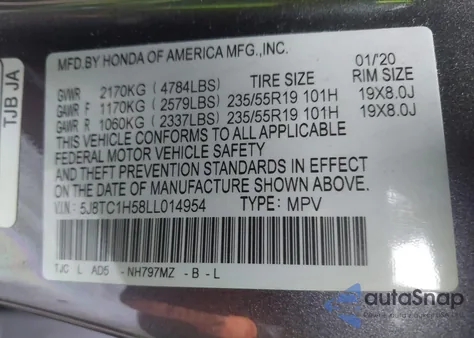2020 Acura Rdx Technology Package z USA, uszkodzony, nr VIN 5J8TC1H58LL014954